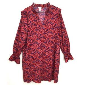 H&M Floral Patterned, frilled Red and Blue Long Sleeve Dress Sz 8